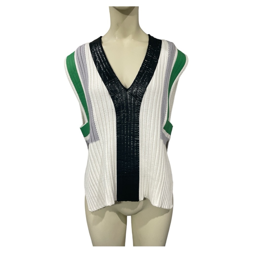 Sportmax White V-Neck Ribbed Sweater Vest with Green and Black Accents - Picture 2 of 9